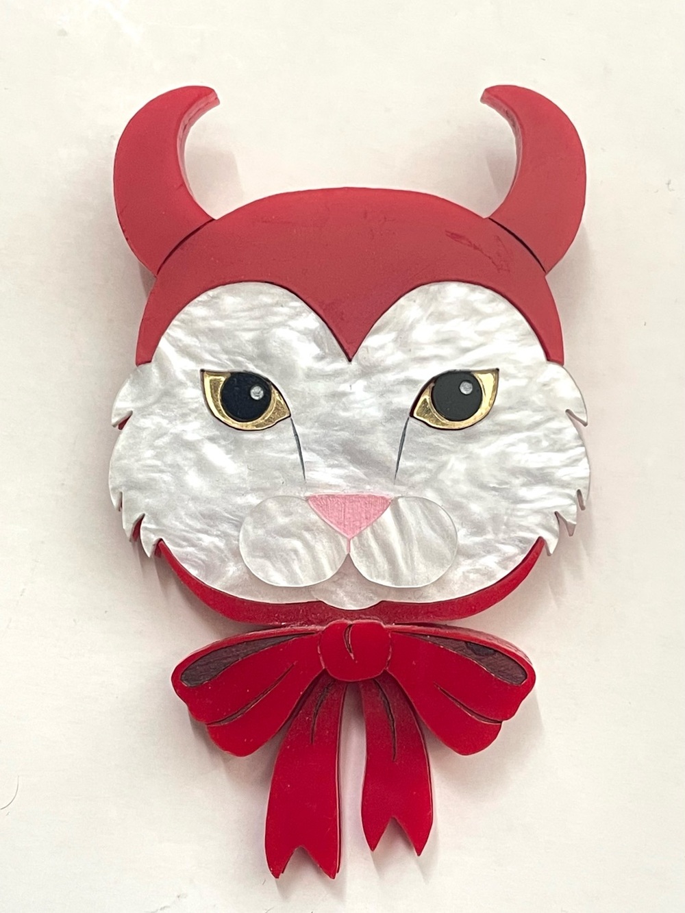 JUMBO Halloween Costume White Cat Devil Marbled Acrylic Brooch